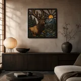 Bull Elk beside Rustic Lake Cabin at Sunrise Colorful Metal Wall Art