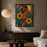 Afro Woman in Headwrap with Sunflowers and Hummingbird Colorful Metal Wall Art