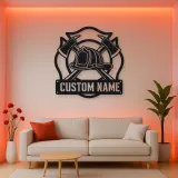 Personalized Firefighter Helmet Metal Wall Art with Crossed Axes