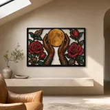 Hands Holding Full Moon between Red Roses Colorful Metal Wall Art