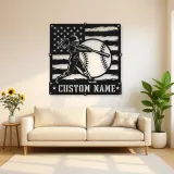 Personalized Softball Batter Distressed American Flag Metal Wall Art