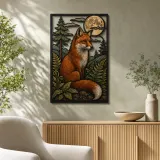 Red Fox in Pine Forest under Full Moon Colorful Metal Wall Art