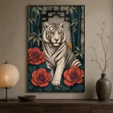White Tiger with Bamboo and Pink Peonies Colorful Metal Wall Art