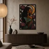 Afro Woman with Luna Moth Lotus and Crescent Moon Colorful Metal Wall Art