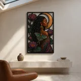 Afro Woman with Luna Moth Lotus and Crescent Moon Colorful Metal Wall Art