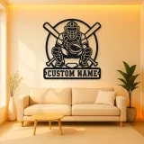 Personalized Baseball Catcher Crossed Bats Metal Wall Art