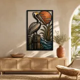 Pelican on Pier with Reeds and Ocean Sun Colorful Metal Wall Art