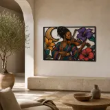 Afro Woman Violinist with Hibiscus and Moon Colorful Metal Wall Art
