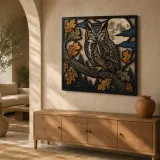 Great Horned Owl with Oak Leaves and Moon Colorful Metal Wall Art