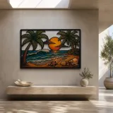 Tropical Beach with Palm Trees at Sunset Colorful Metal Wall Art