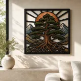Mountain Pine Tree of Life with Radiant Sun Colorful Metal Wall Art