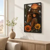Cowgirl with Horse Poppies and Desert Cactus Colorful Metal Wall Art