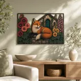 Red Fox beside Flowered Stone Cottage Colorful Metal Wall Art