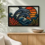 Two Dolphins over Ocean Waves at Sunset Colorful Metal Wall Art