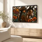 Cowgirl with Paint Horse and Desert Poppies Colorful Metal Wall Art