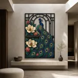 Peacock with Magnolia Flowers in Art Deco Frame Colorful Metal Wall Decor