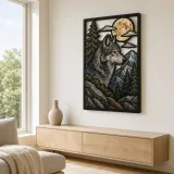 Gray Wolf in Mountain Forest under Full Moon Colorful Metal Wall Art