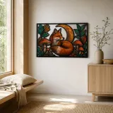 Red Fox with Mushrooms and Crescent Moon Colorful Metal Wall Art