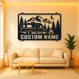 Personalized Camper Trailer Metal Wall Art with Mountain Camp