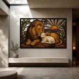 Lion and Lamb Resting Together at Sunrise Colorful Metal Wall Art