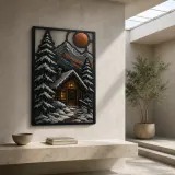 Snowy Winter Cabin in Mountains beneath Full Moon Colorful Metal Wall Art