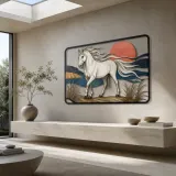 White Horse by Coastal Water at Sunset Colorful Metal Wall Art