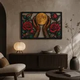 Hands Holding Full Moon between Red Roses Colorful Metal Wall Art