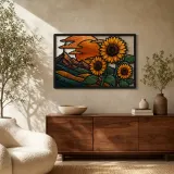 Sonnenblumen mit Berglandschaft bei Sonnenuntergang - Bunte Metall-Wandkunst