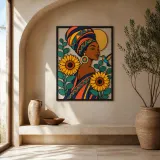 Afro Woman in Headwrap with Sunflowers and Hummingbird Colorful Metal Wall Art