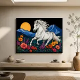 White Horse Running through Mountain Wildflowers Colorful Metal Wall Art