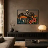 Pelican by Ocean Waves with Hibiscus Flowers Colorful Metal Wall Art