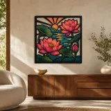 Rosa Lotusblüten-Pond unter strahlendem Sonnenaufgang - Bunte Metall-Wandkunst
