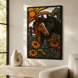 Two Horses with Wildflowers and Sunrise Colorful Metal Wall Art