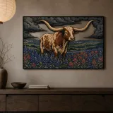 Texas Longhorn in Bluebonnet Field beneath Storm Clouds Colorful Metal Wall Art