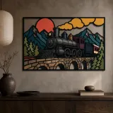 Vintage Steam Train Crossing Mountain Bridge Colorful Metal Wall Art