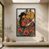 Cowgirl with Palomino Horse and Desert Poppies Colorful Metal Wall Art