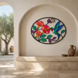 Hummingbird with Trumpet Flowers in Oval Frame Colorful Metal Wall Art