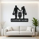 Personalized Helmet Holding Motorcycle Couple Metal Wall Art