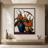 White Orchids in Blue Vase with Fruit Colorful Metal Wall Art