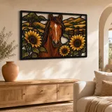 Bay Horse with Sunflowers and Rolling Hills Colorful Metal Wall Art