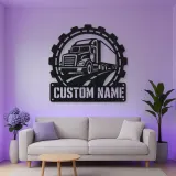 Personalized Semi Truck Metal Wall Art with Gear Frame