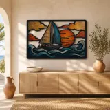 Sailboat on Rolling Ocean Waves at Sunset Colorful Metal Wall Art