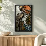 Pelican on Pier with Reeds and Ocean Sun Colorful Metal Wall Art