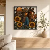 Cowgirl with Horse Sunflowers and Western Barn Colorful Metal Wall Art
