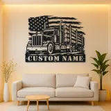 Personalized Logging Semi Truck Metal Wall Art with American Flag
