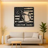 Personalized Softball Batter Distressed American Flag Metal Wall Art