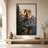 Bighorn Ram on Mountain Cliff at Sunset Colorful Metal Wall Art