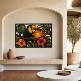 Toucan with Tropical Hibiscus at Sunset Colorful Metal Wall Art