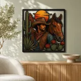 Cowboy with Bay Horse Cactus and Wildflowers Colorful Metal Wall Art