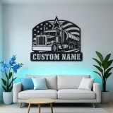 Personalized Tanker Semi Truck American Flag Metal Wall Art